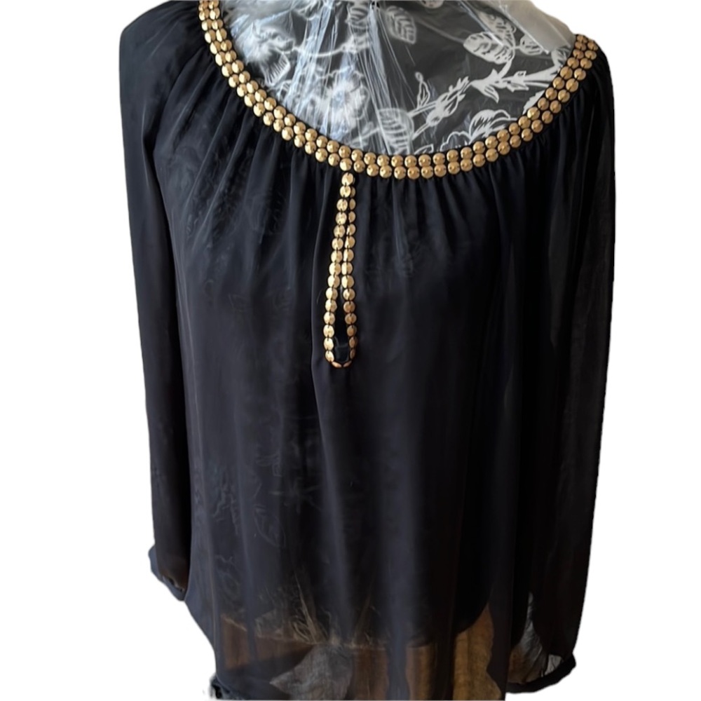 Micheal Kors size XL black semi sheer pheasant top long sleeve gold studs